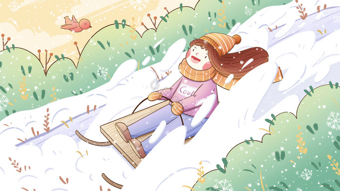 冬天女孩滑雪插画图片