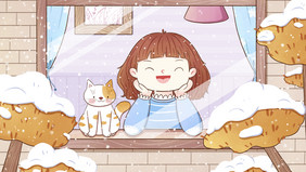 女孩与猫咪一起看雪插画