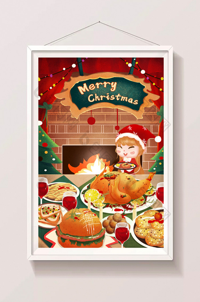 圣诞平安夜火鸡大餐小女孩美食红色跨年插画