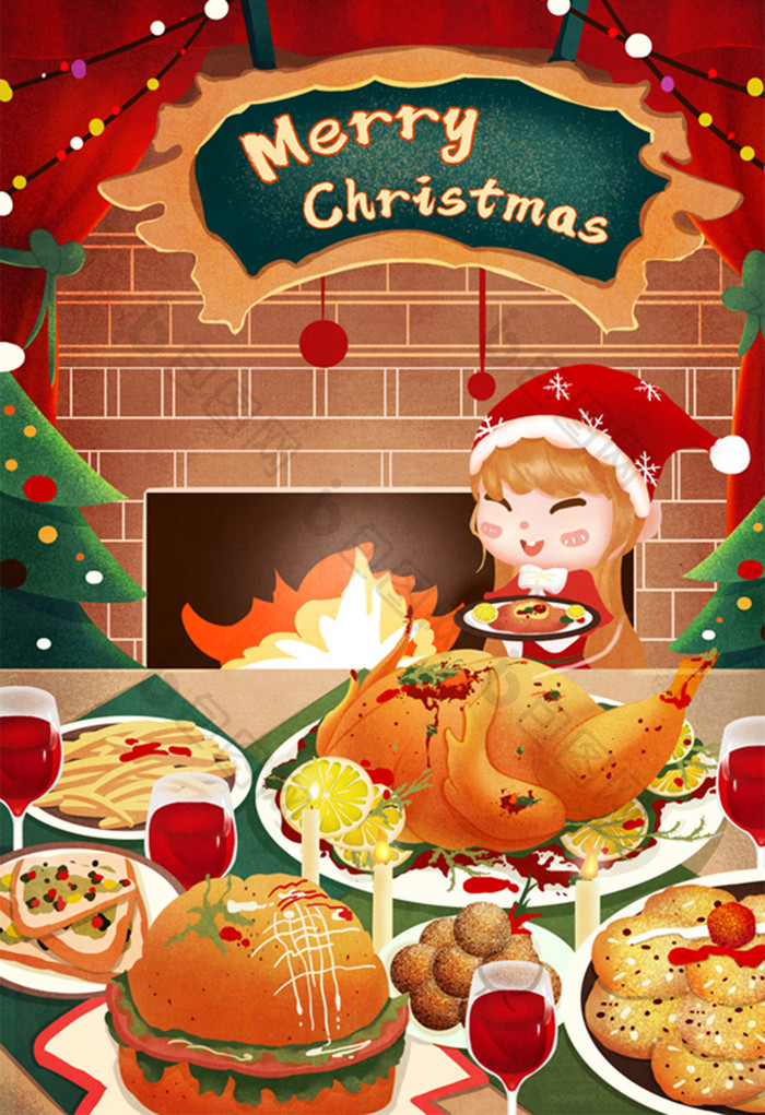 圣诞平安夜火鸡大餐小女孩美食红色跨年插画