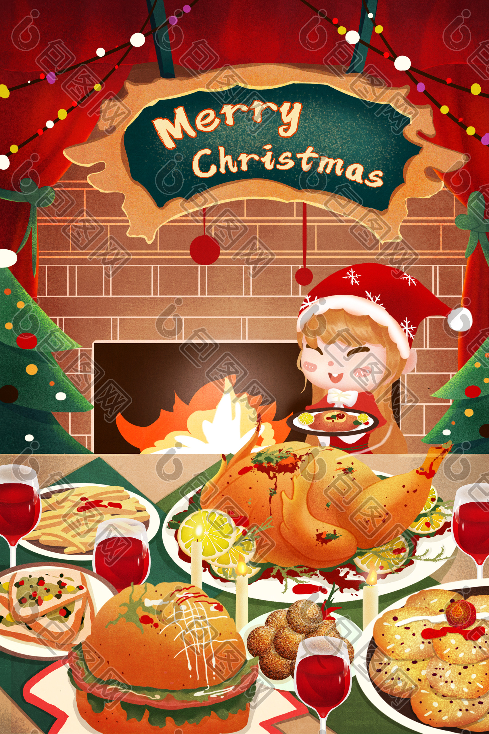 圣诞平安夜火鸡大餐小女孩美食红色跨年插画