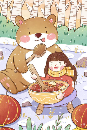 腊八节女孩与熊吃粥插画图片