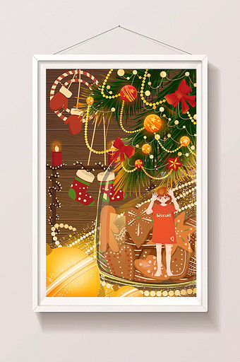 暖色卡通圣诞节小女孩与饼干玻璃瓶插画图片