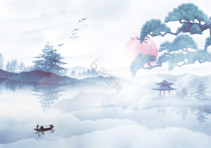 云雾缭绕古风松树水墨山水装饰画图片