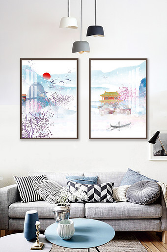 中国风粉色云雾缭绕古风山水亭台装饰画图片