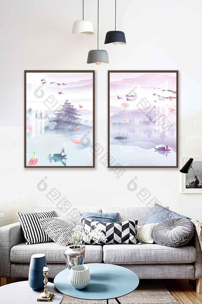 新中式粉色花瓣中国风山水意境装饰画
