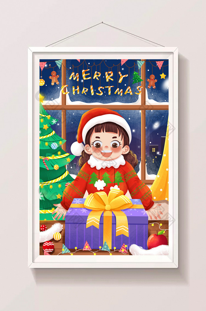 圣诞节圣诞女孩圣诞树圣诞礼物插画图片图片