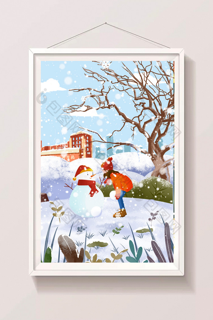 二十四节气大寒冬季小女孩堆雪人插画图片图片