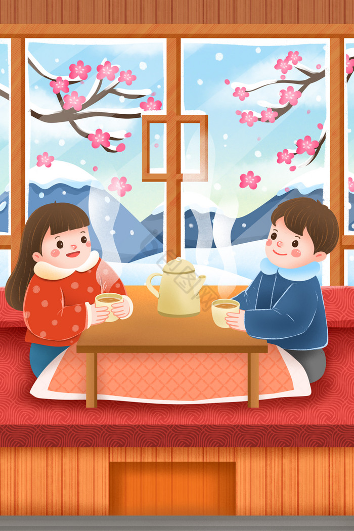 大寒小寒家中炕上喝茶取暖插画图片