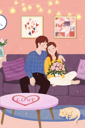 情人节家中温馨情侣送花相拥插画