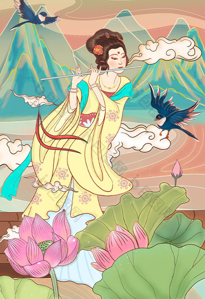 纯色中国风传统人物主题插画