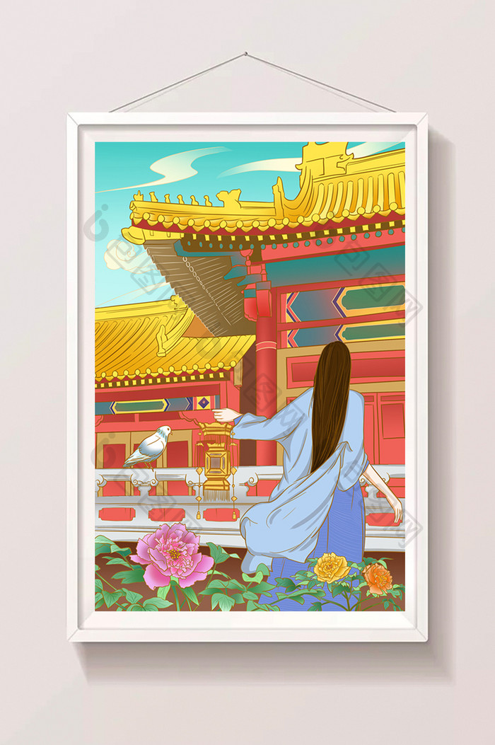 唯美中国风建筑美女背影插画