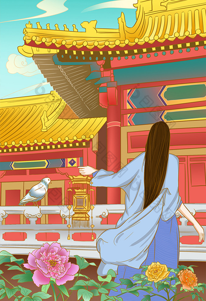 唯美中国风建筑美女背影插画