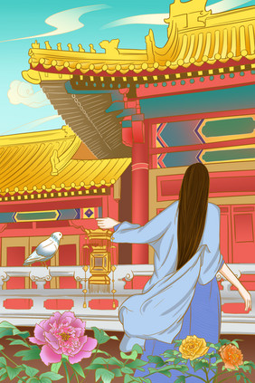 唯美中国风建筑美女背影插画