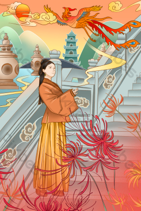 暖色桥边姑娘插画