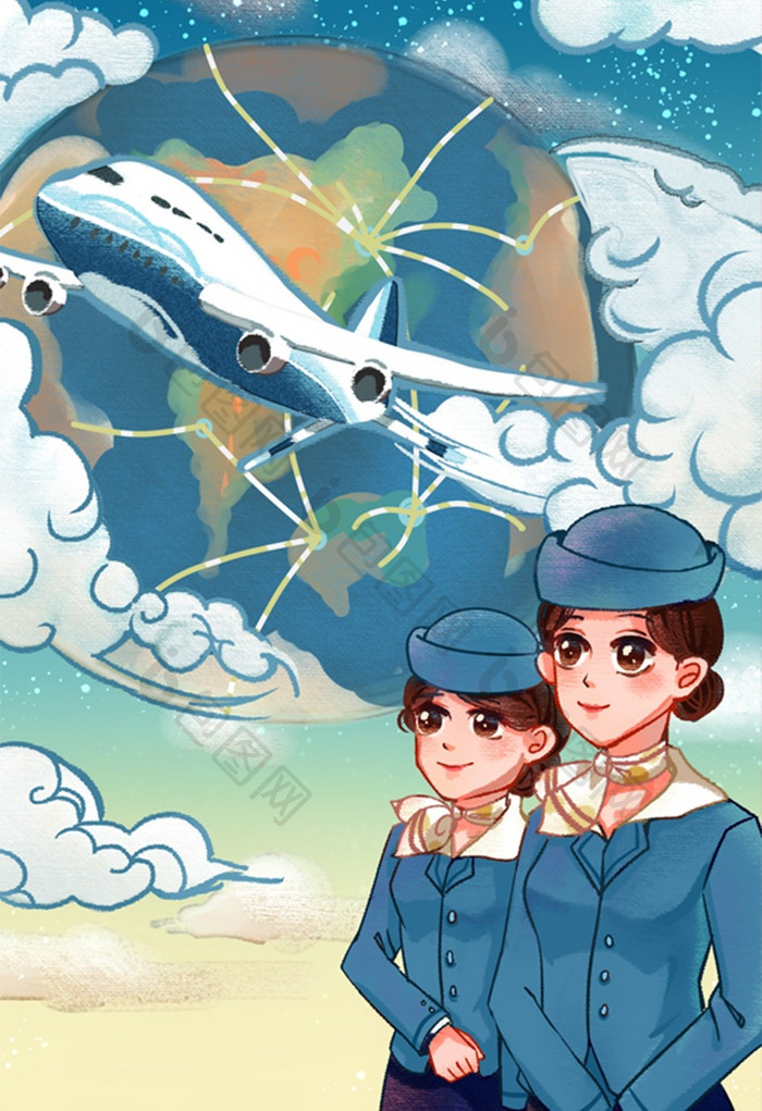 国际民航日空姐看天空飞机插画