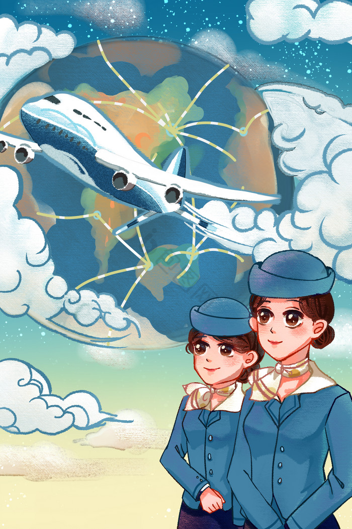 国际民航日空姐看天空飞机插画图片