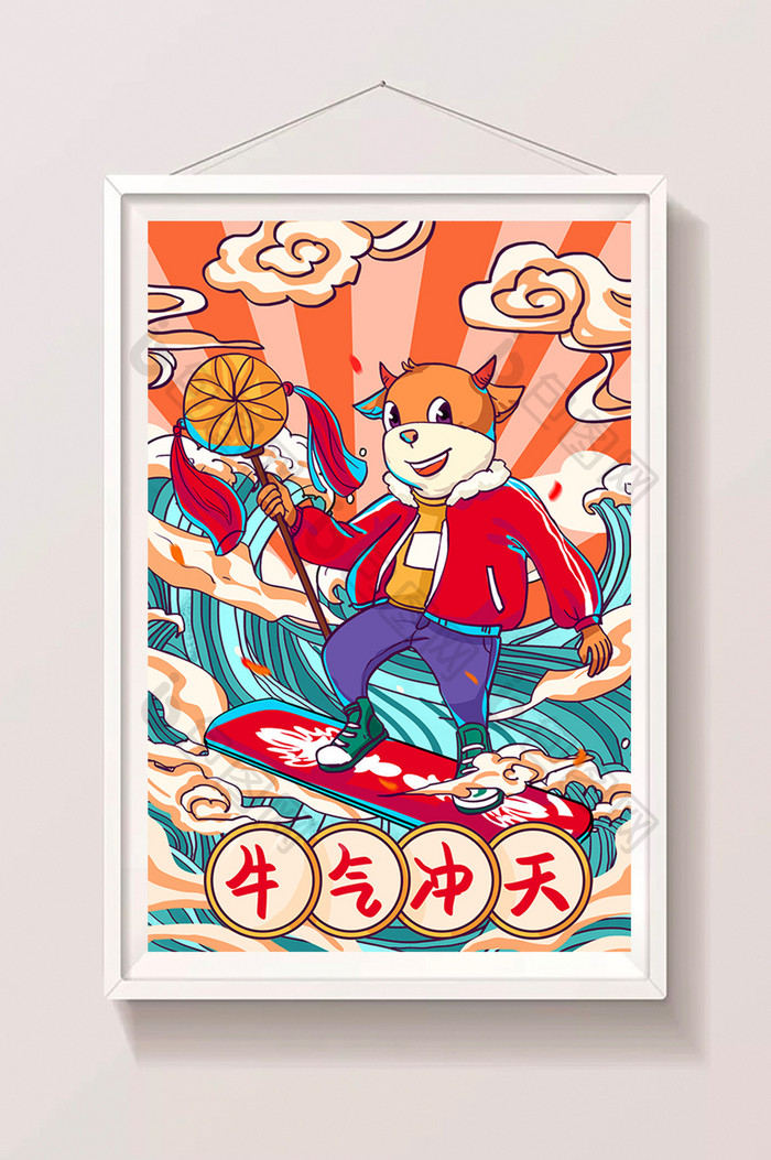 红色调牛年国潮新年卡通牛插画