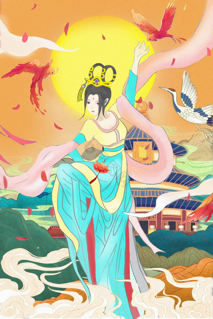 古风舞女山水插画