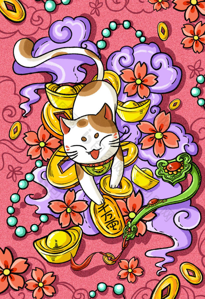 招财猫祥云樱花插画