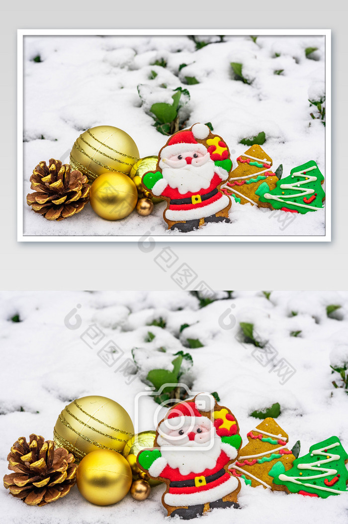 圣诞雪景雪地上的圣诞装饰图片图片