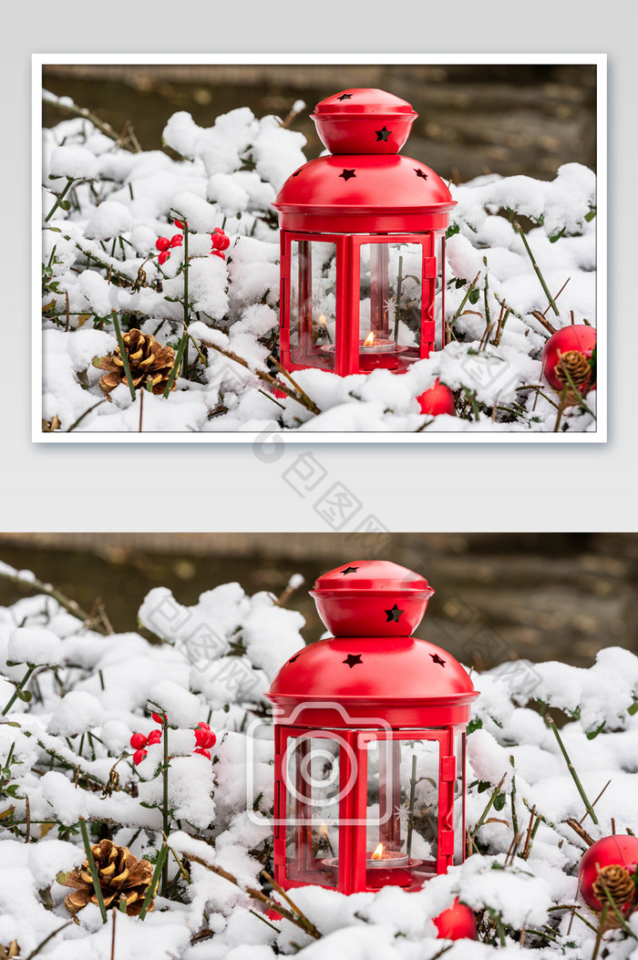 冬季雪景红色烛灯图片图片