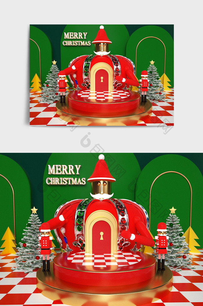 红绿色系圣诞节日皇冠造型C4D创意场景
