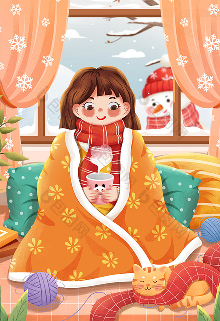 二十四节气小寒盖棉被取暖女孩与猫插画