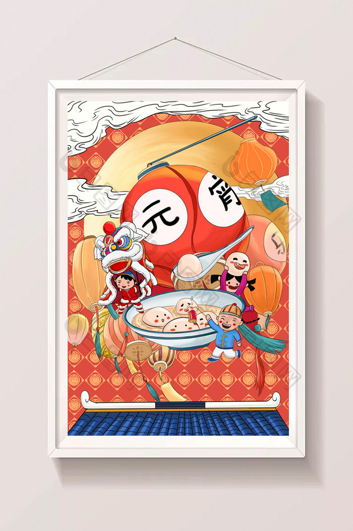 国风元宵节灯笼月亮喜庆插画