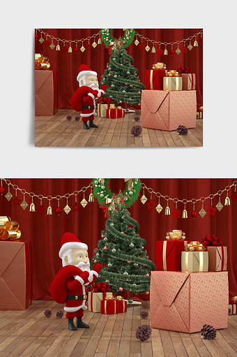 红绿色圣诞节圣诞老人C4D创意场景图片