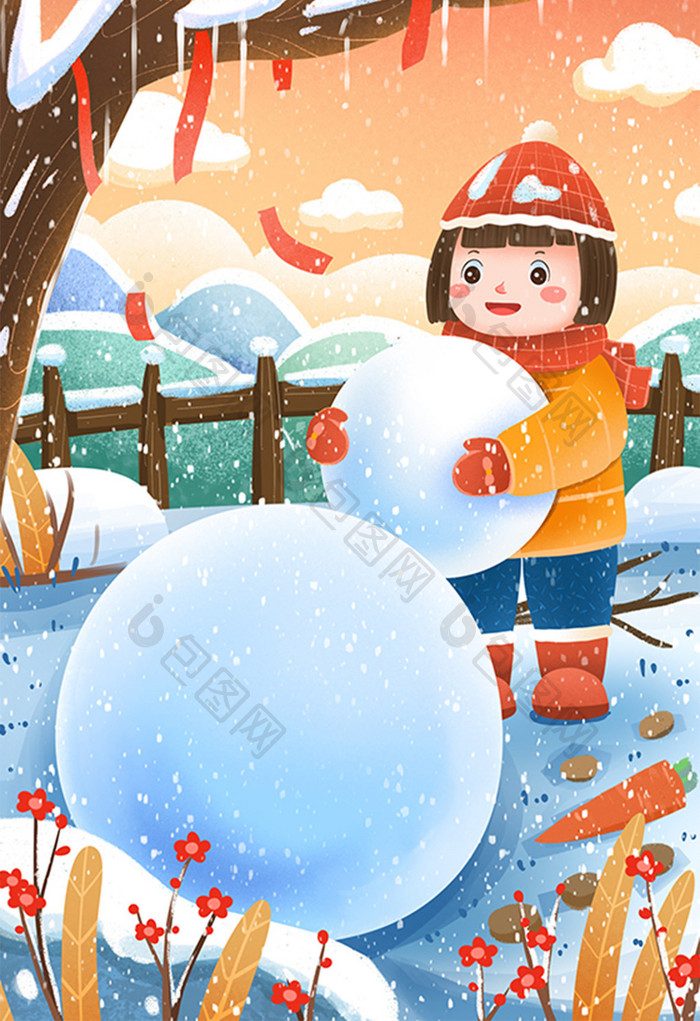 院子里堆雪人的女孩插画