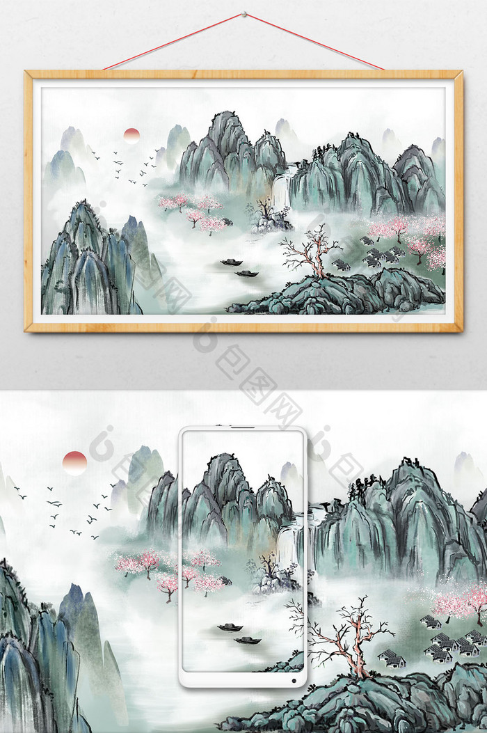 绿色调古风国画山水插画