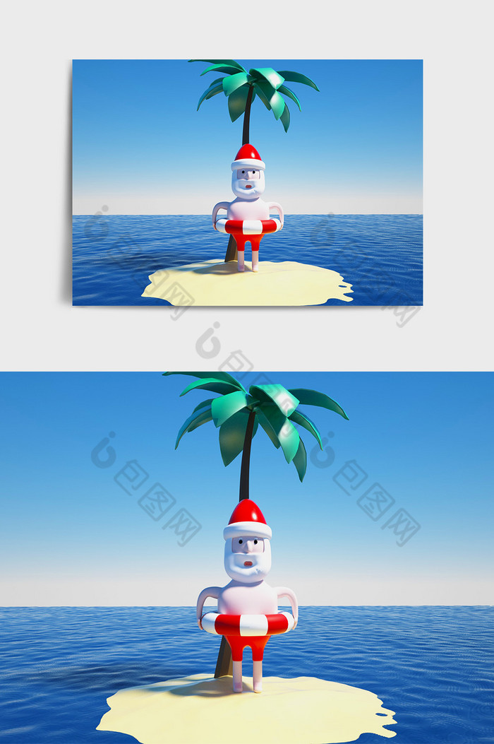 卡通风格圣诞老人热带海岛游泳主题IP形象图片图片