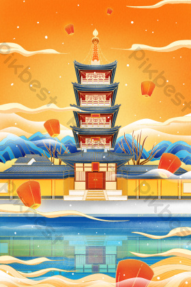 新年鎏金城市祈福的寒山寺插画