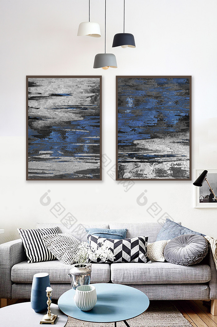 现代代尔伏特蓝抽象油画双联装饰画