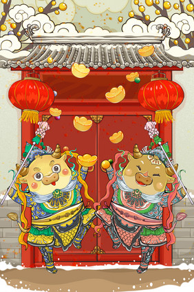 中国风年画门神新年牛年祥云灯招财进宝插画