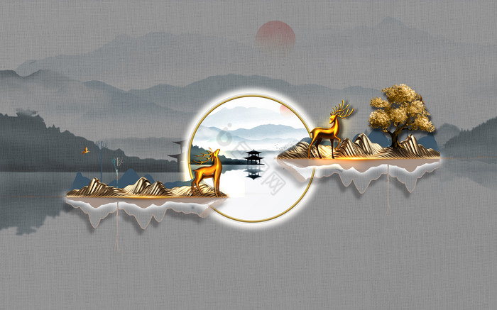 新中式立体禅意金鹿金山山水画客厅背景墙图片