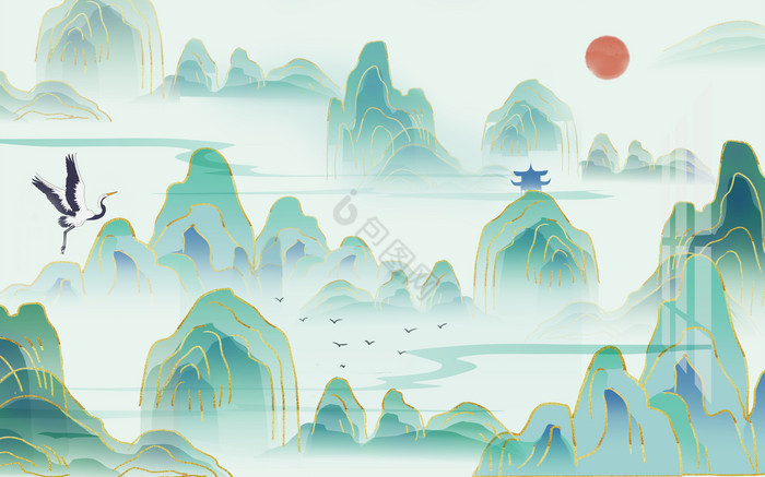 新中式山水仙鹤背景墙图片