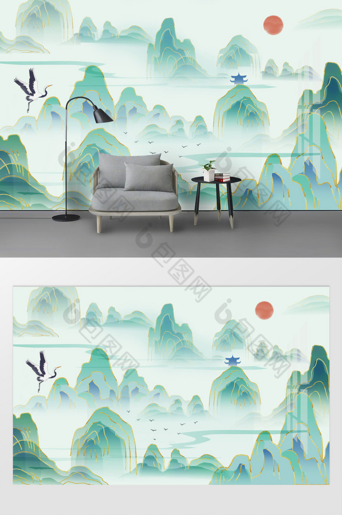 新中式山水仙鹤背景墙图片图片