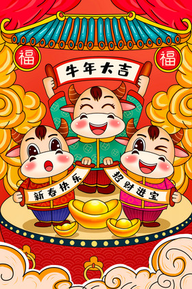年画新年春节三只小牛拜年插画图片