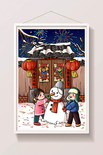 春节烟花灯笼门神堆雪人图片