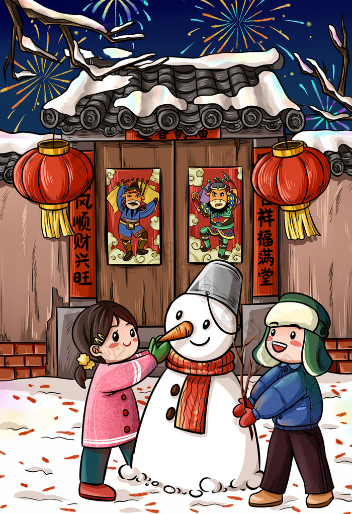 门神堆雪人图片素材免费下载,本次作品主题是插画,使用场景是节日节气
