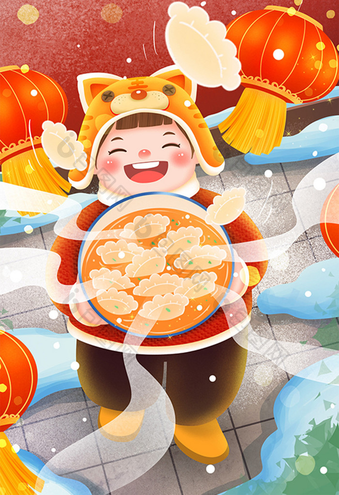 新年年俗年夜饭吃水饺插画