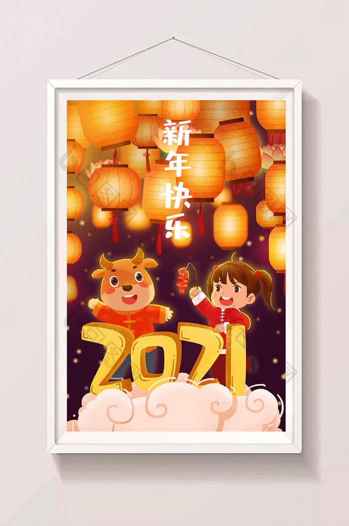 红小孩和小牛鞭炮庆祝牛年新年快乐插画图片图片