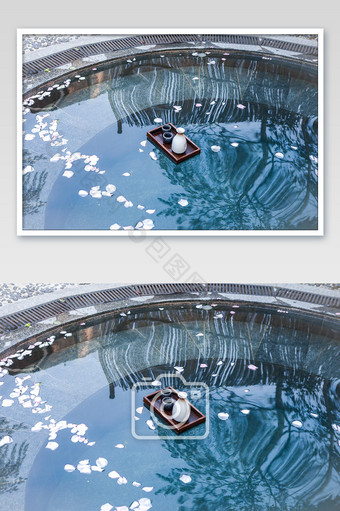 旅游温泉池子中漂浮的酒杯图片