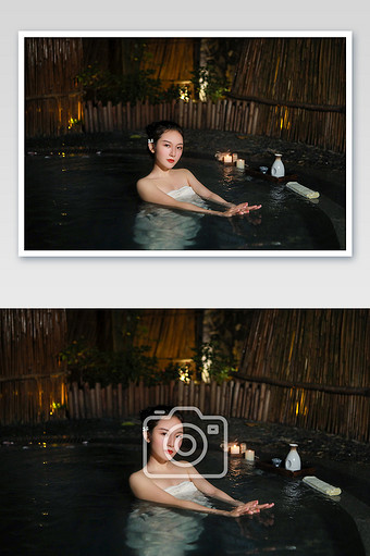 夜晚美女享受的在酒店泡温泉图片下载