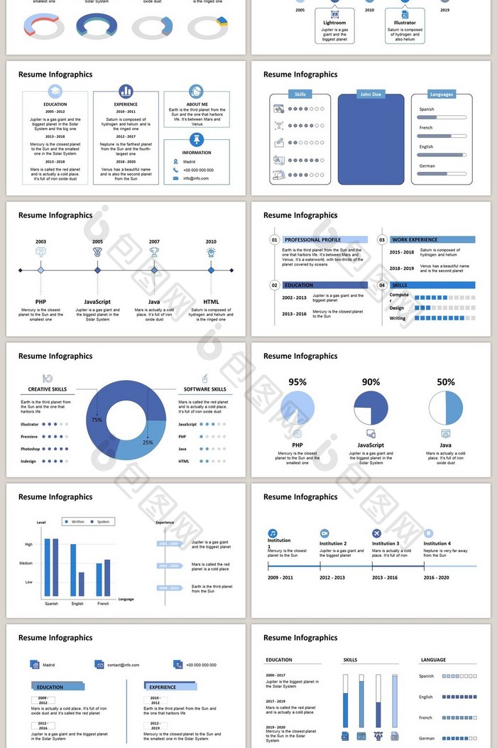 蓝色系简历图表40页图表合集PPT模板