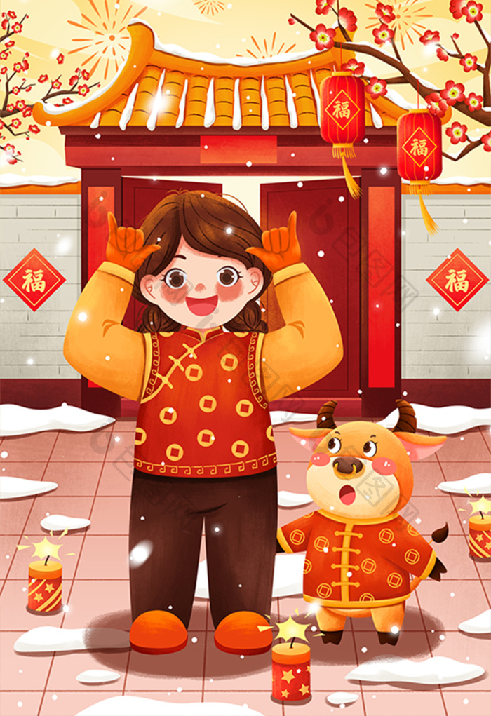 牛年新年女孩与牛插画