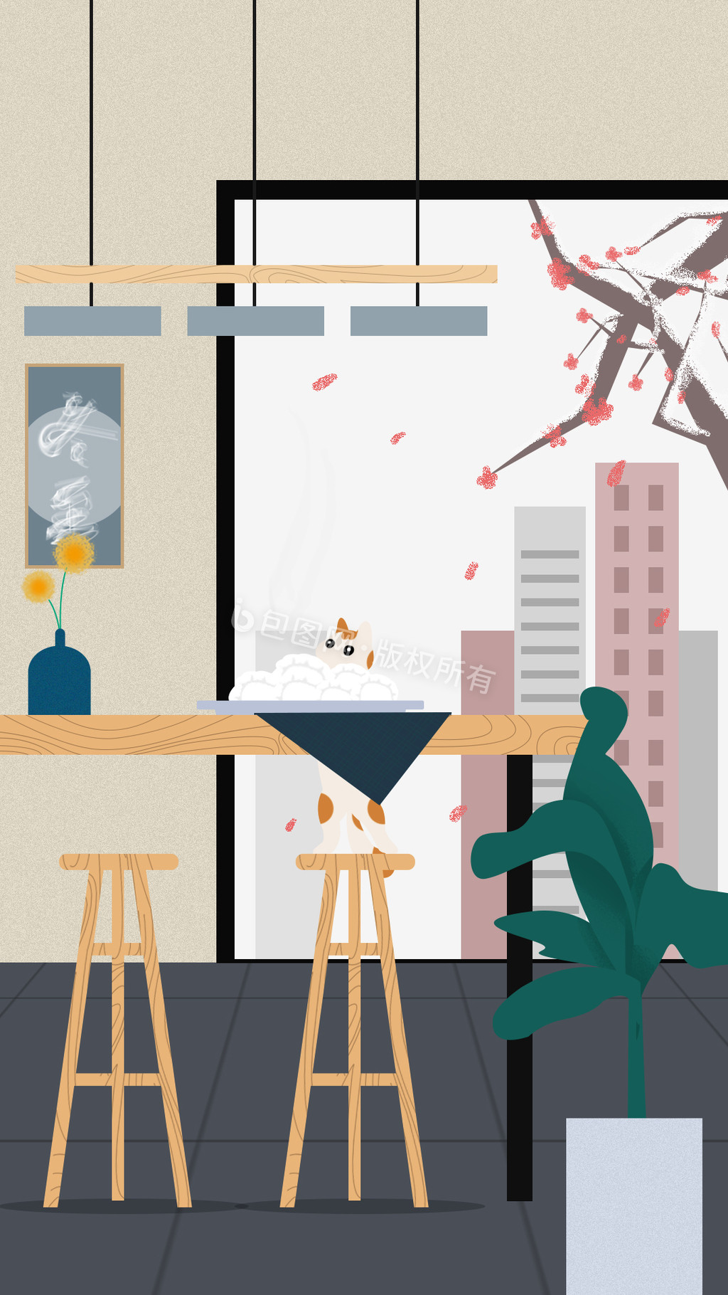 冬至吃饺子猫咪室内桌子绿植插画动图GIF图片
