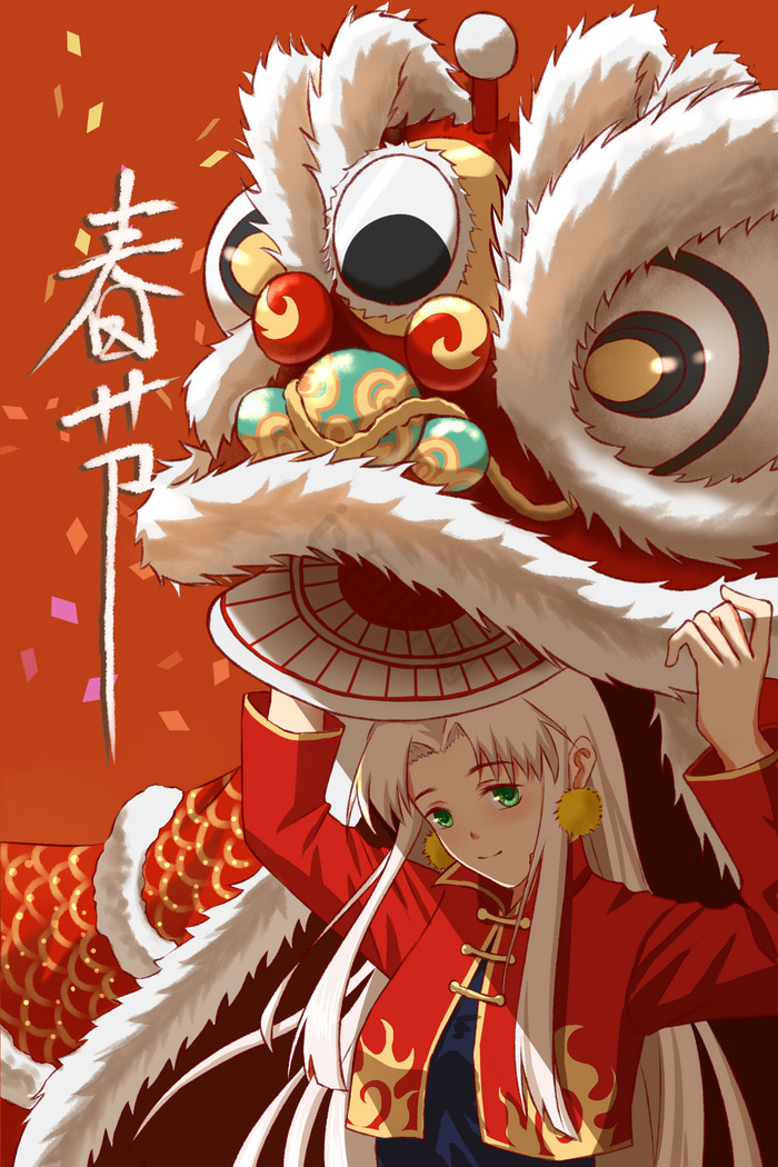 红火春节舞狮插画